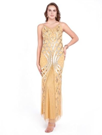 Handworked Embroidery Mermaid Evening Prom Dress | Evening Party Prom Dress with Slit | Champagne Women′s Dinner Dress with Shimmering Beads
