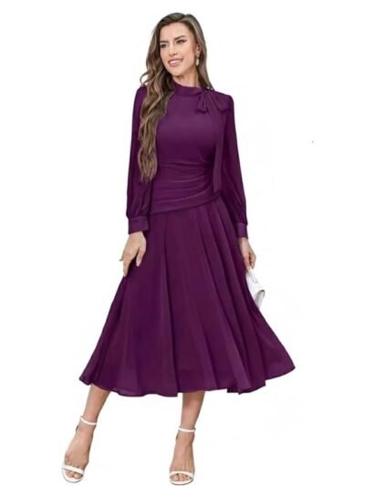 Women Elegant Midi Dress | Long Sleeve Fit & Flare Dress Western Dress for Women | Office, Evening, Casual( Purple)