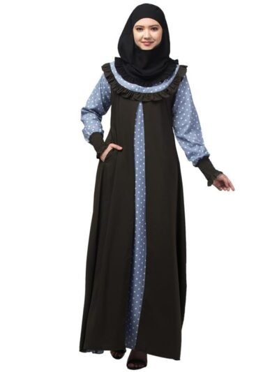 Women's Dual Fabric Maxi Dress With Frill On Front and Elastic Sleeves - Made with Printed Crepe And Nida Matte Fabric for Women and Girls