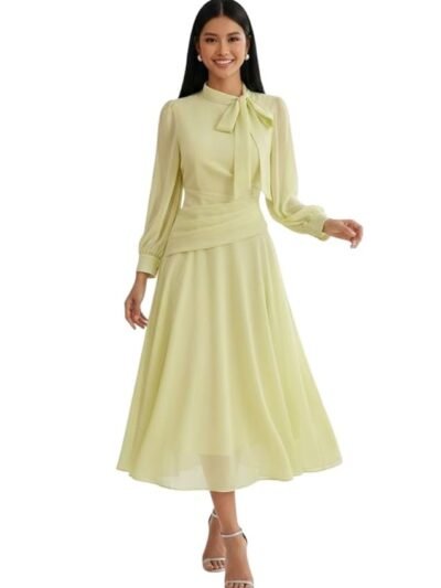 Women Elegant Midi Dress | Long Sleeve Fit & Flare Dress Western Dress for Women | Office, Evening, Casual(Yellow)