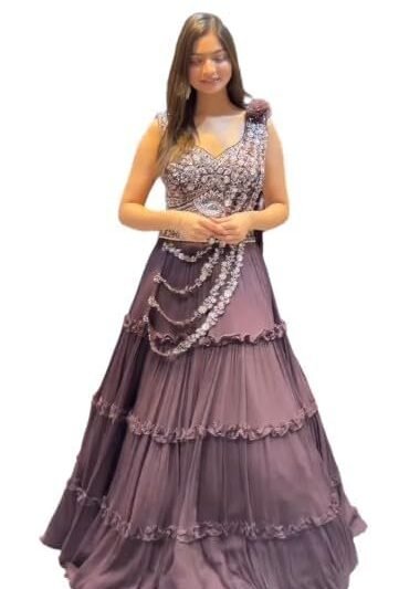 Women Chiffon Silk Lehenga Choli Readymade Dark Wine Free Size