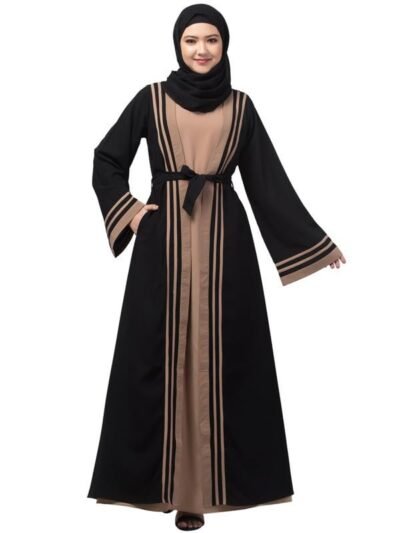 Dual Layer Abaya Dress With Attached Shrug And Striped Design - Made With Nida Matte Fabric