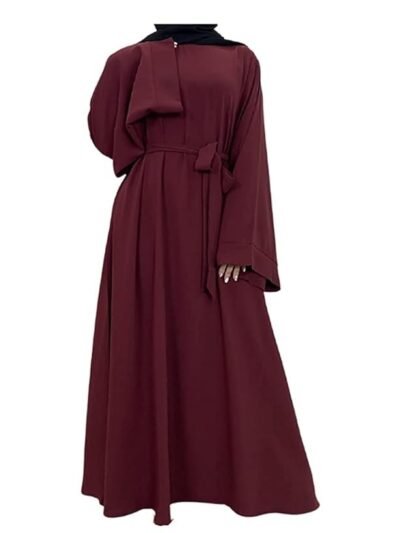 Plain Dubai Long Sleeves Muslim Women Islamic Dress Plain Umbrella Abaya With Belt Style(Maroon)