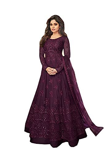 Women's Polyester Mono Net Embroidered Wine Semi Stitch Gown(Wine)