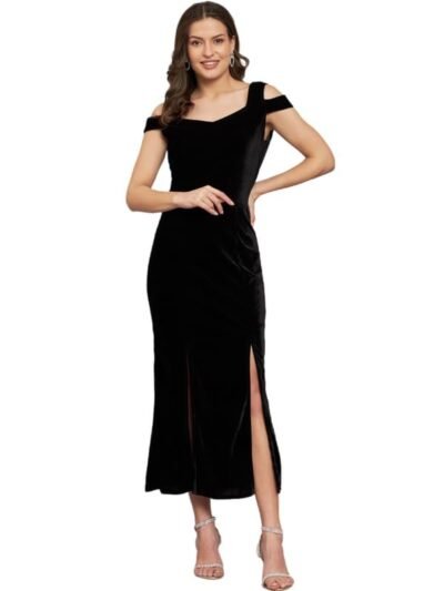 Bodycon Party Dress for Women with Double Slit Cut | Shiny Velvet Fabric Cold Shoulder Stylish Outfit(Black)