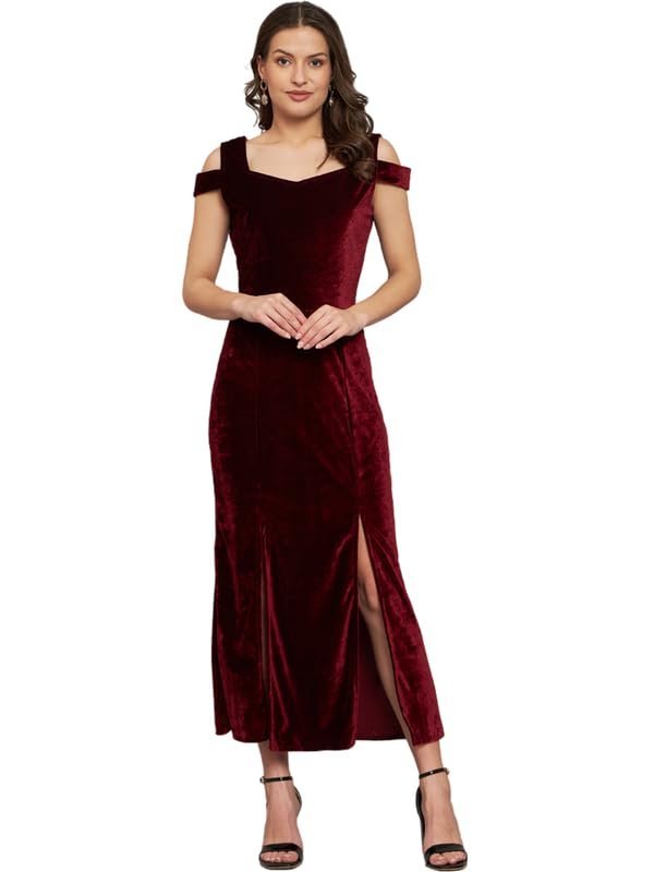 Maroon Velvet Cold-Shoulder Bodycon Maxi Dress