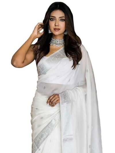 Women's Black Banarasi Kanchipuram Art Silk Saree for Women – Traditional Wedding & Party Saree with Blouse Piece – Ethnic Indian Silk Saree for Bridal, Festive & Gifting ( White)