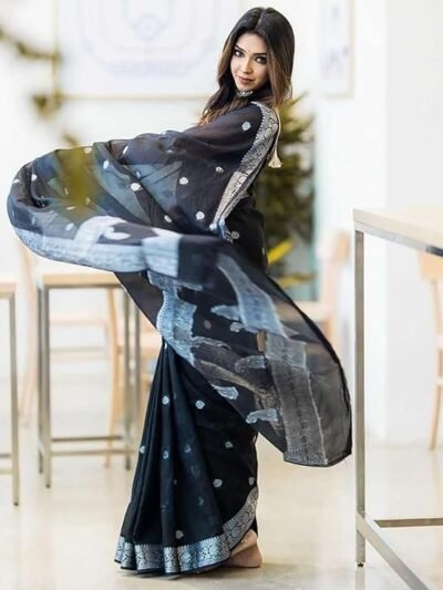 Women's Black Banarasi Kanchipuram Art Silk Saree for Women – Traditional Wedding & Party Saree with Blouse Piece – Ethnic Indian Silk Saree for Bridal, Festive & Gifting ( Black)