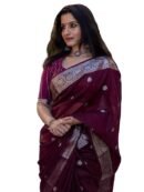 Women's Wine Black Banarasi Kanchipuram Art Silk Saree for Women - Traditional Wedding & Party Saree with Blouse Piece