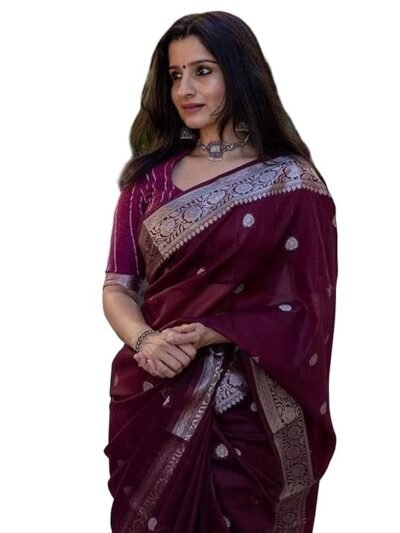 Women's Black Banarasi Kanchipuram Art Silk Saree for Women – Traditional Wedding & Party Saree with Blouse Piece – Ethnic Indian Silk Saree for Bridal, Festive & Gifting ( Wine)