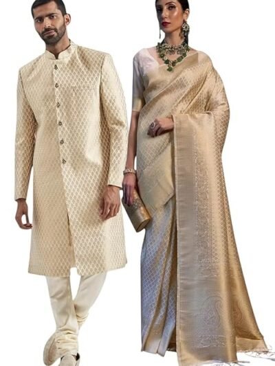 Traditional Indian Wedding Attire Set, Cream Brocade Sherwani (M) and Silk Saree Without Blouse, Ethnic Formal Wear