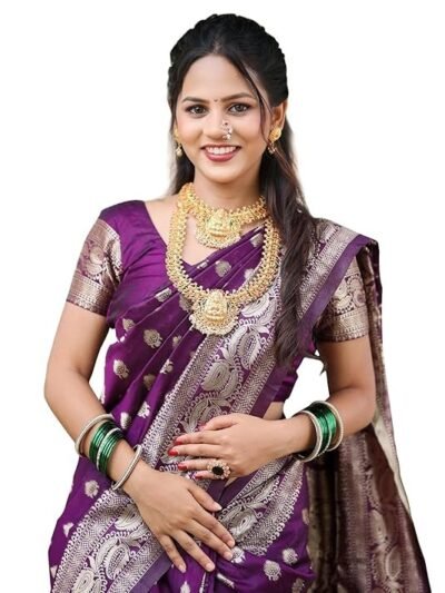 Women's Maroon Banarasi Kanchipuram Art Silk Saree for Women – Traditional Wedding & Party Saree with Blouse Piece – Ethnic Indian Silk Saree for Bridal, Festive (Purple)