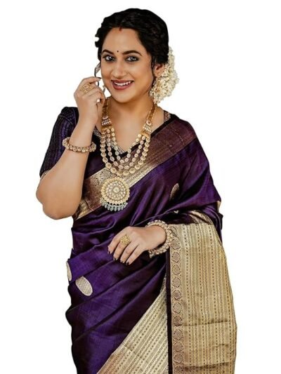 Women's Maroon Banarasi Kanchipuram Art Silk Saree for Women – Traditional Wedding & Party Saree with Blouse Piece – Ethnic Indian Silk Saree for Bridal, Festive (Dark Purple)