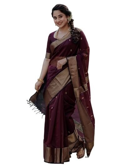 Women's Maroon Banarasi Kanchipuram Art Silk Saree for Women – Traditional Wedding & Party Saree with Blouse Piece – Ethnic Indian Silk Saree for Bridal, Festive (WINE)