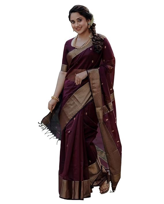 Wine Art Silk Kanchipuram Jacquard Woven Banarasi Saree – Design 3964 with Blouse Piece