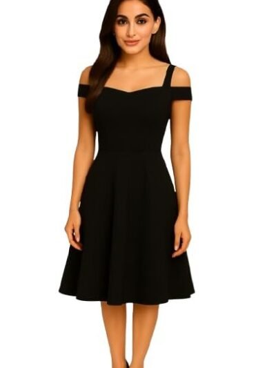 Women's Polyester Solid Midi/Calf Length Dress | Evening Party Dress for Women & Girls Black