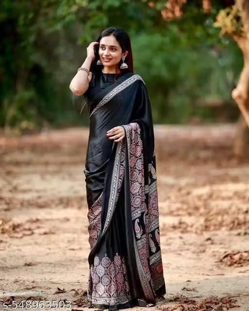 Black Satin Saree with Blouse Piece