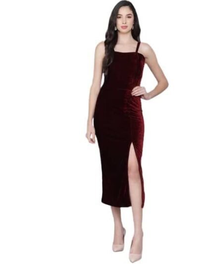 Women's Velvet Bodycon Maxi Party Dress（Maroon）