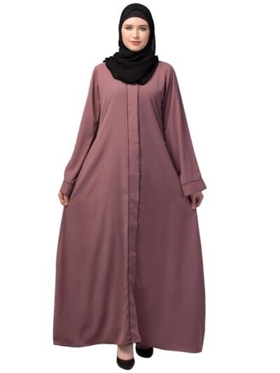 Front Open Abaya with Piping Work Made in Nida Matte fabric with Side Pockets - Front open Burqa for Ladies & Girls(Pink)