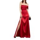 Women's Red Sexy Satin Off-Shoulder Thigh Slit Prom Backless Gown Cocktail Party Dress for Women - Off Shoulder Neck