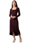 Women's Bodycon Midi Dress | Square Neck Wrap Style | Stretchable | Full Sleeve Fitted Dress for Party, Evening, Casual Outings & Date Night