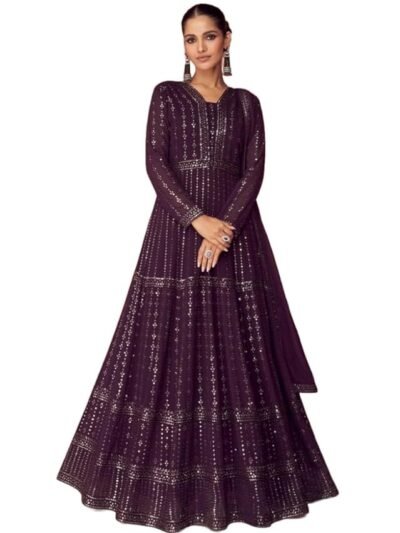 Women's Faux Georgette Stitched Top With Unstitched Bottom and Dupatta Full Sleeve Embroidered Anarkali Gown(Purple)