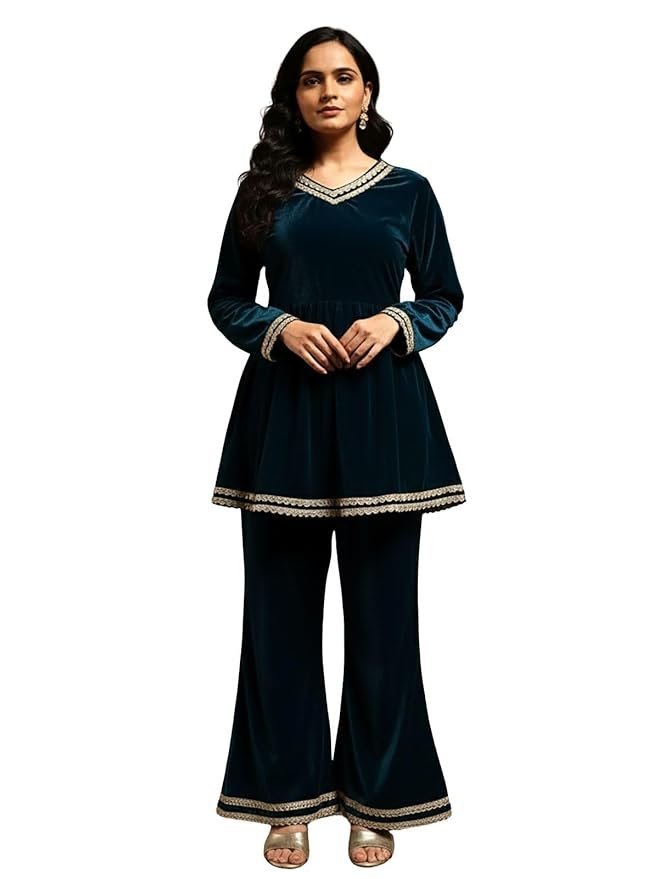 Blue Velvet A-Line Kurta Set