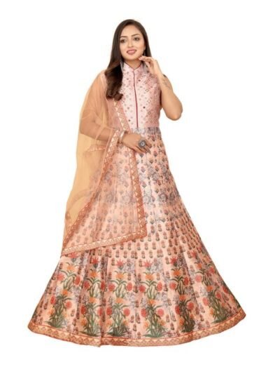 Women's Fully Stitched Silk Gown with Net Dupatta for Festive, Party and Wedding( Peach)