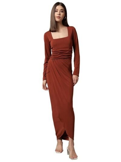 Women's Bodycon Midi Dress | Square Neck Wrap Style | Stretchable | Full Sleeve Fitted Dress for Party, Evening, Casual Outings & Date Night