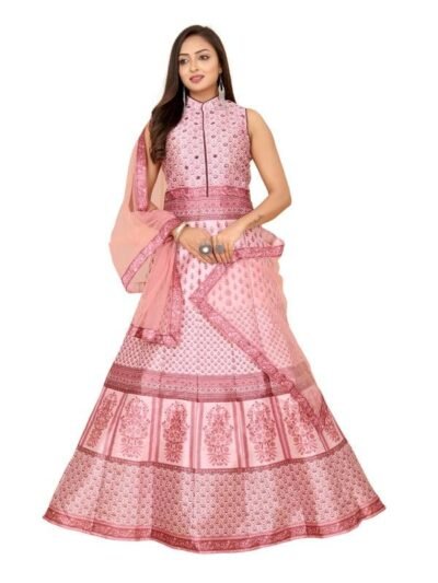 Women's Fully Stitched Silk Gown with Net Dupatta for Festive, Party and Wedding(Pink)