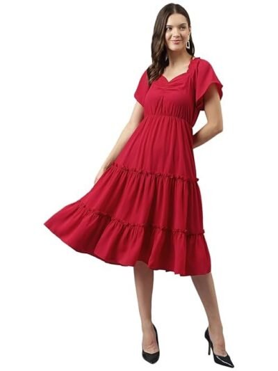 Women's Red Rayon Solid Tiered Western Dress | Dress for Women  | Gown Dress | Western Dress | Exclusive Women Dress