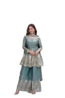 Women's Satin Silk Plazoo Set with Dupatta | Embroidered Short Kurti with Half Sleeves | Party, Ethnic Dress for Wedding