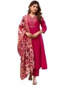 Women Pink Embroidery Straight Kurta and Pant Set with Dupatta