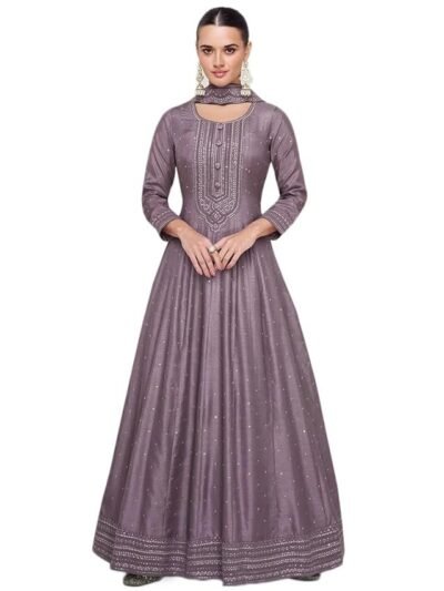 Women's Purple Chiffon Stitched Top with Chiffon Dupatta Full Sleeve Embroidered Anarkali Gown