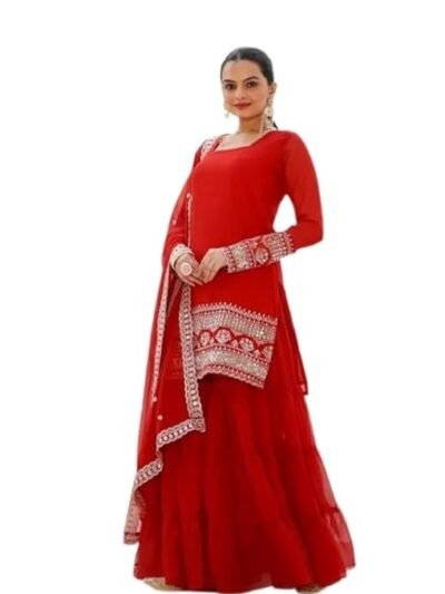 Royal Red Embellished Sahara with Square Neck Top, Sahara and Dupatta, Traditional Indian Wear