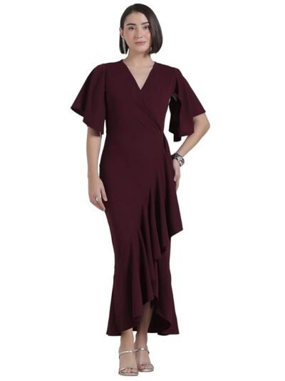 Wine Flutter Sleeve Bodycon Midi Dress for Women, V-Neck Ruffle Hem Outfit