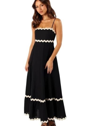 Women's Elegant Black and White Evening Gown |Strappy Sleeves |Spaghetti Strap Neck Line |Formal Fit