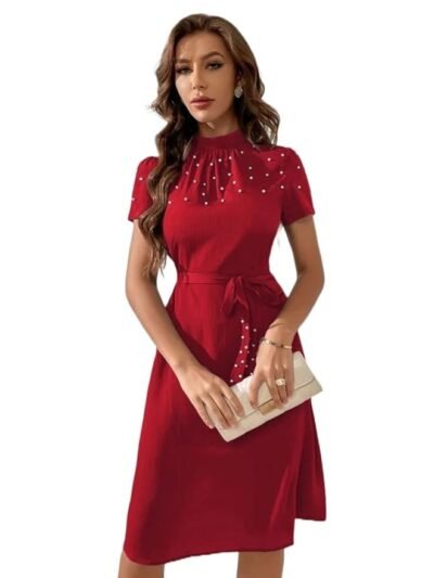Red Women's Western Style Pearl Embellished Knee Length Kurti Dress | Stylish Tunic Topal Outfit
