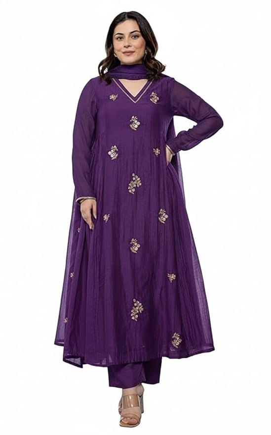 Purple Silk 3/4-Sleeve Round-Neck Kurta Set with Dupatta