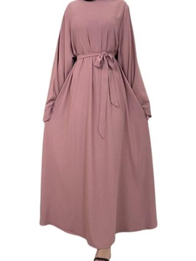 Plain Dubai Long Sleeves Muslim Women Islamic Dress Plain Umbrella Abaya With Belt Style(Pink)