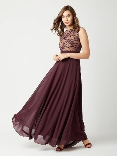 Women's Brick Red & Dusty Green Boat Neck Sleeveless Self Design Lace Overlaid Regular Dress
