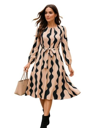Women’s A-Line Midi Dress | Long Sleeve Belted Fit and Flare Gown | Elegant Printed Casual Outfit