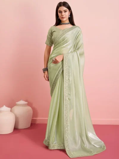 Green Organza Embroidered Sequins Border Saree For Women Party Wear