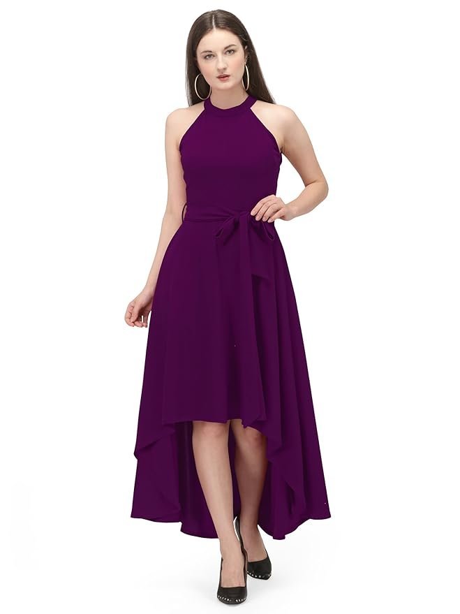 Wine Polyester A-Line Knee-Length Sleeveless Dress