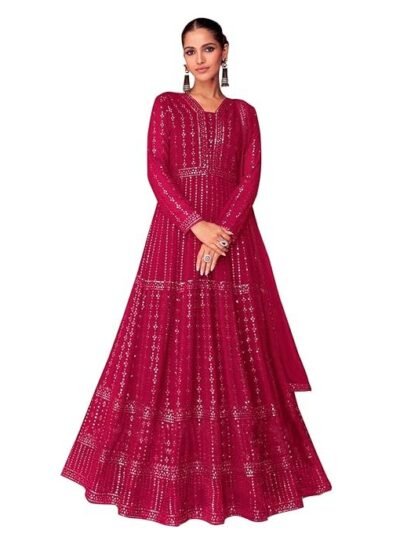Women's Faux Georgette Stitched Top With Unstitched Bottom and Dupatta Full Sleeve Embroidered Anarkali Gown(Pink)