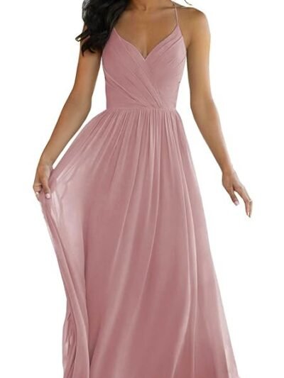Women's V Neck Bridesmaid Dress Long for Wedding A-Line Chiffon Open Back Formal Gown with Pockets(Dusty Rose)