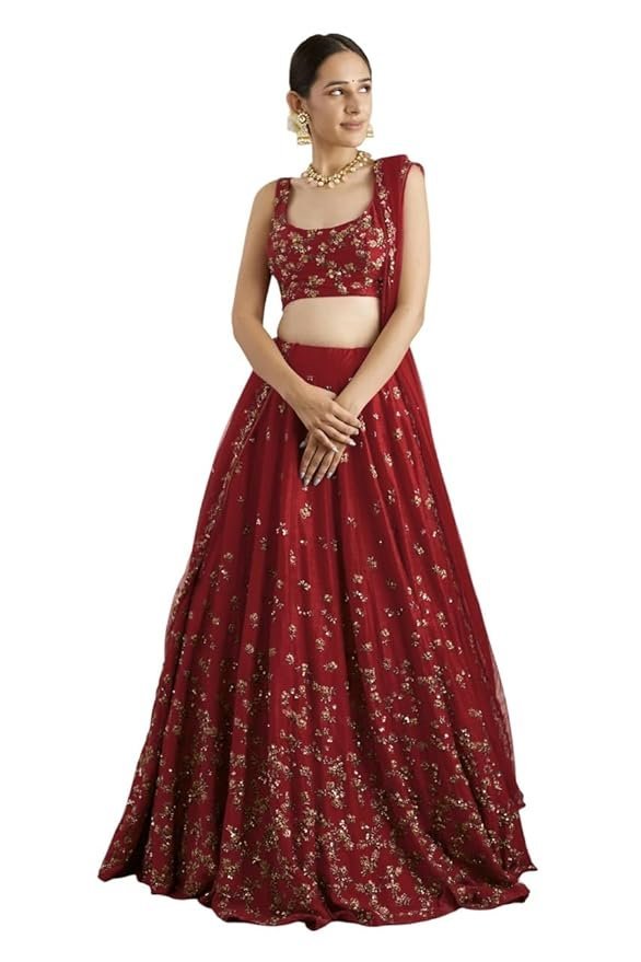 Women's Silk Embroidered Semi-Stitched Lehenga Choli (Red)