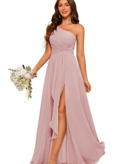 Chiffon One Shoulder Bridesmaid Dress with Pleated Bodice Long A Line Prom Dress for Women