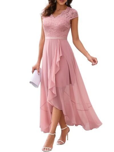 Women's V-Neck Dress for Women Wedding Guest Hi-Lo Floral Lace Prom Cocktail Party Formal Bridesmaid Dress(Pink)