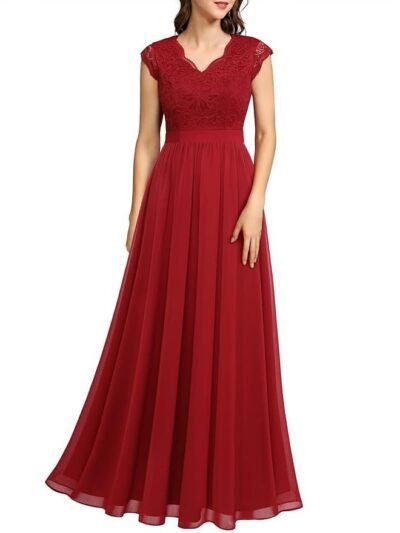 Women's V Neck Sleeveless Lace Bridesmaid Dress Wedding Party Gown(Red)